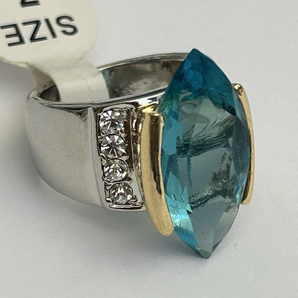Blue Glass Marquise-Cut Stone Silver Tone Chunky Ring Crystals Size 7 Costume